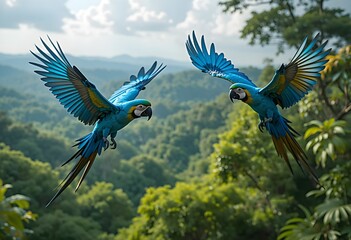 Hyacinth macaws flying over the Amazon rainforest