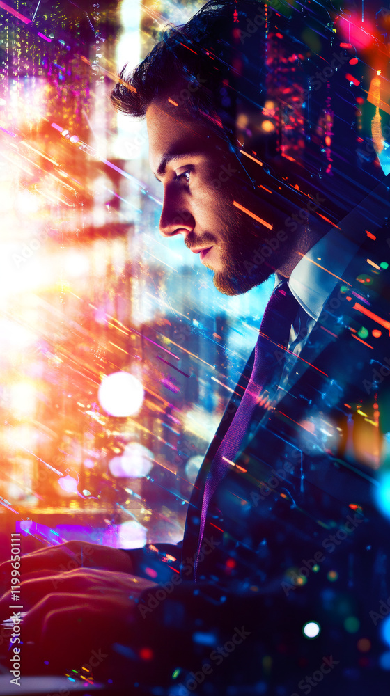 Aufkleber Professional typing on laptop amid holographic interface, glowing technology surrounding workspace with digital visualization concept