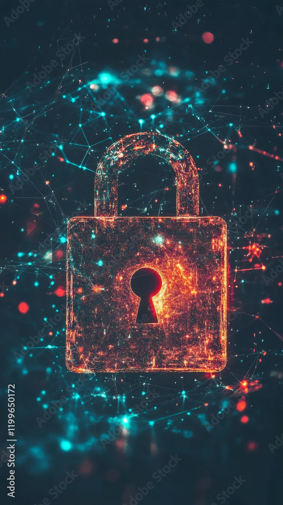 Poster Digital glowing padlock hovering above network connections, symbolizing secure data protection