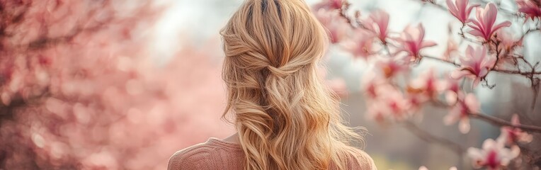 Naklejka premium A serene scene of a woman with wavy blonde hair holding cherry blossoms, symbolizing spring and natural beauty. Ideal for seasonal or lifestyle imagery.