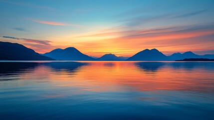 Fototapeta premium Mountain Silhouettes Reflected in Still Water at Sunset