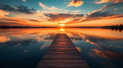 Obraz premium Wooden Dock Extending into a Calm Lake at Sunset