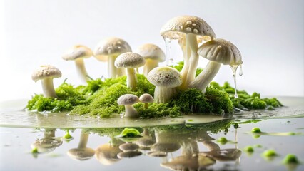 A white background with a puddle of slime and a few scattered fungus growing on it, nature, flora