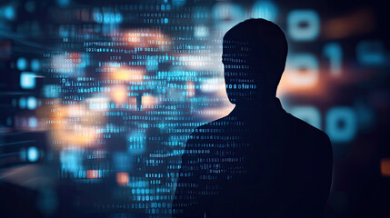 Silhouette of a person against a digital data background, symbolizing technology and information.