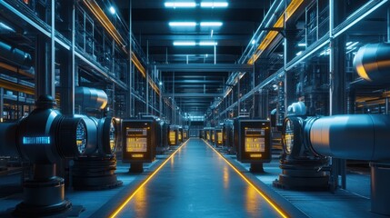 Cybernetic warehouse with futuristic alarms, data streaming along industrial pipes.