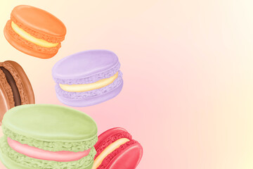 Colorful macaroons border background, dessert illustration