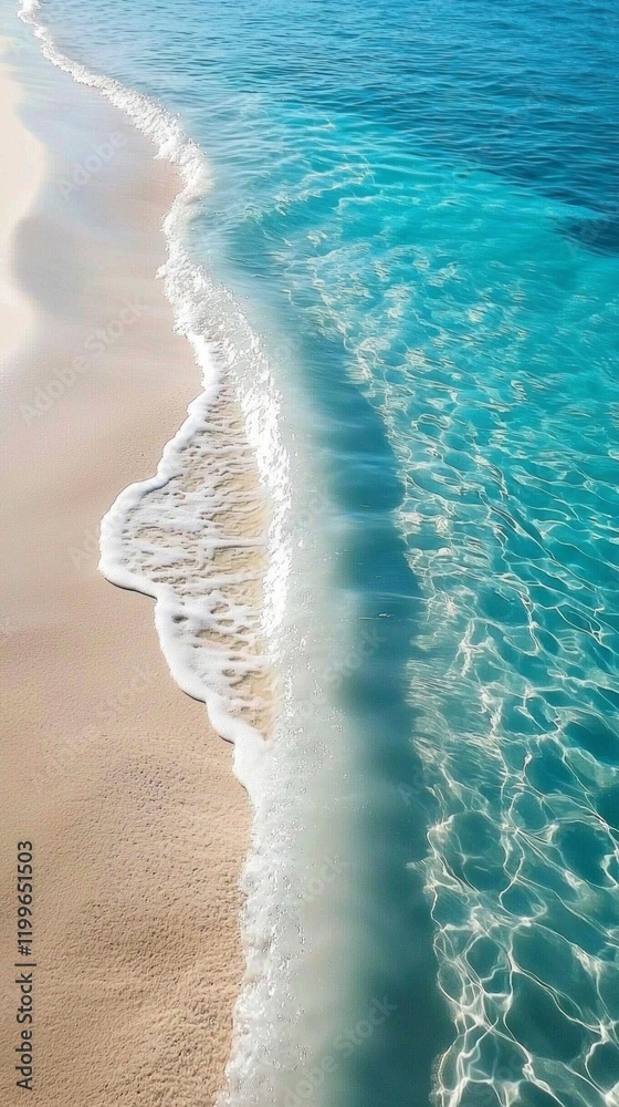 Poster a tranquil stretch of beach unfolds below, with gentle waves lapping at the soft golden sands. the v