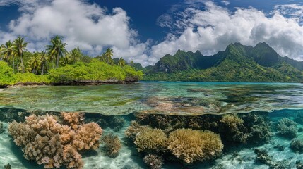 Naklejka premium Tropical Island Paradise with Lush Vegetation and Vibrant Coral Reef