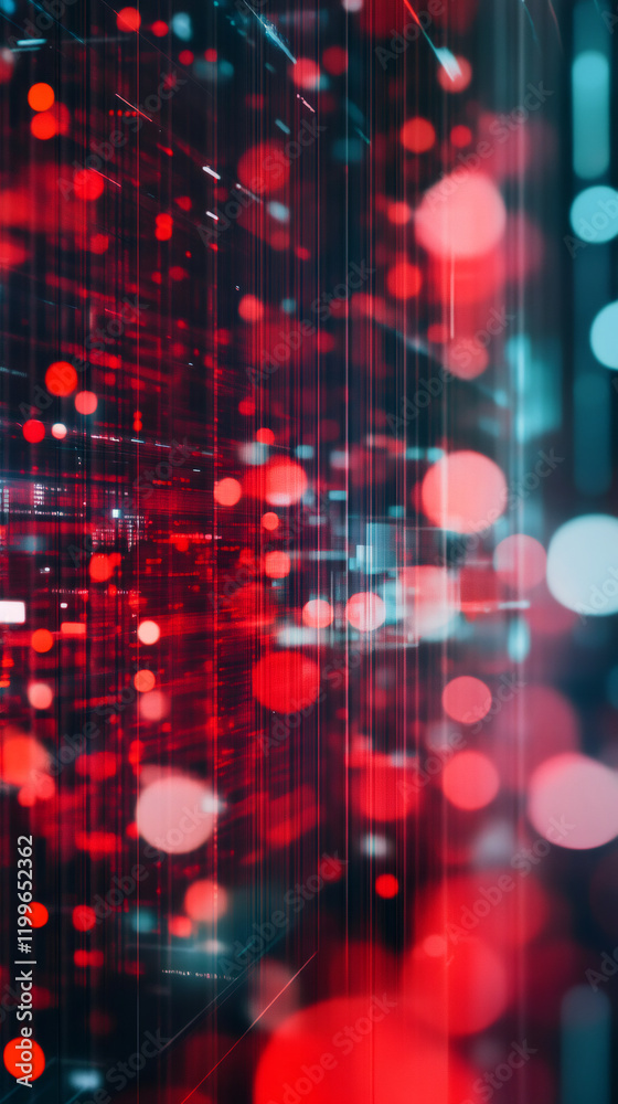 Fototapete red and blue bokeh lights illuminating digital rain falling on matrix code in dark cyberspace