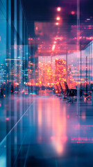Fototapeta premium Empty office interior showcasing a stunning reflection of an illuminated cityscape at night, highlighting modern architectural design