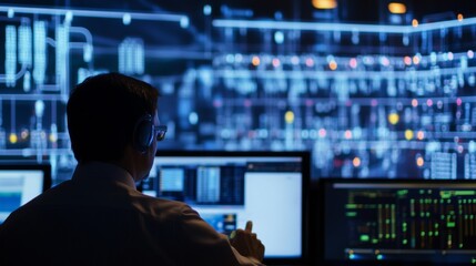 A serene shot of an energy analyst monitoring power grid operations in a control center, Energy management scene, Grid monitoring style