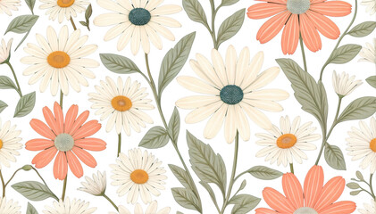 "Vintage Charm: Seamless Floral Pattern with Coral and Navy Blue Flowers"