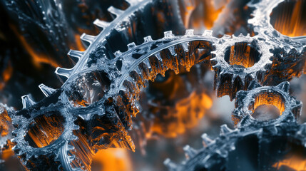 Interlocking metallic gears in motion create dynamic industrial scene