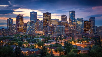 Naklejka premium Denver City Skyline Illuminated At Sunset
