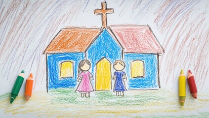 Child's crayon drawing of church and children.