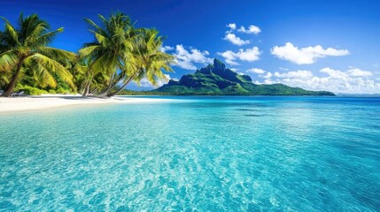 Fototapeta premium Tropical Beach Paradise with Lush Palm Trees and Mountain