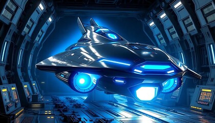 Futuristic Spaceship in Sci-fi Hangar Bay