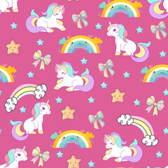 seamless pattern with cartoon cute rainbow unicorn, rainbow stars and clouds, rainbow stars. illustration