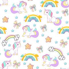 seamless pattern with cartoon cute rainbow unicorn, rainbow stars and clouds, rainbow stars. illustration