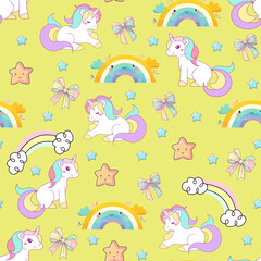 seamless pattern with cartoon cute rainbow unicorn, rainbow stars and clouds, rainbow stars. illustration