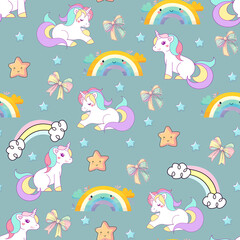 seamless pattern with cartoon cute rainbow unicorn, rainbow stars and clouds, rainbow stars. illustration