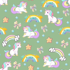 seamless pattern with cartoon cute rainbow unicorn, rainbow stars and clouds, rainbow stars. illustration