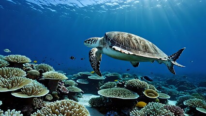 Fototapeta premium Vibrant underwater marine life with colorful coral reefs and diverse sea creatures. Ocean and biodiversity concept 