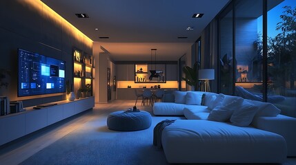 Modern living room design urban apartment interior photography evening light