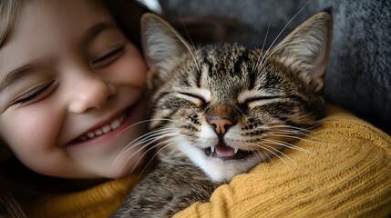 Heartwarming close up portrait of a happy purring cat being gently held and embraced by the youngest member of the family showcasing the tender bond and affection between pet and child