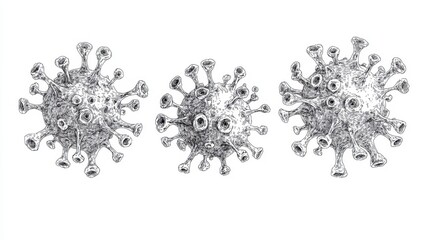 A hand-drawn virus illustration, clean line art, black and white with subtle shading, isolated on white background 