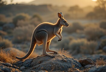 Obraz premium A kangaroo hopping over a rocky landscape at dawn