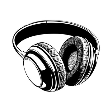 recommend clip art: Headphone engraving black and white outline. Scratch board imitation.  illustrated in vintage line art style on a white background.
                    