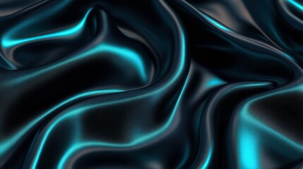 Fototapeta premium A close-up of flowing, shiny black fabric with vibrant turquoise highlights, showcasing smooth curves and textures.