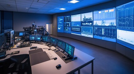 High-tech command center with massive screen showing real-time data from machinery.