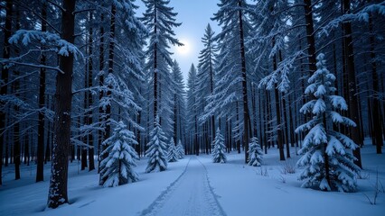 Obraz premium A serene snowy path meanders through a forest's heart, framed by towering trees cloaked in white, inviting exploration amidst nature’s quiet embrace
