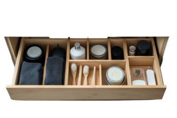Organized bathroom drawer showcasing essential toiletries and grooming products for daily routines isolated on transparent background