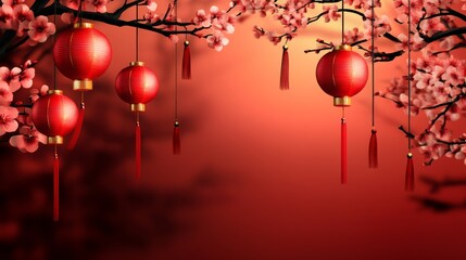Chinese New Years, A red background with red lanterns hanging from a tree