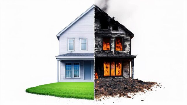 Before and After Fire Damage House Wallpaper - Home insurance, fire safety, restoration, rebuilding, recovery. A split image depicts a house before and after a devastating fire.
