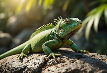Obraz premium Green iguana resting in the sun on a tropical rock