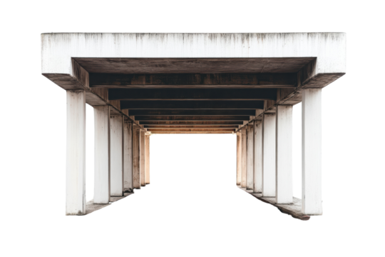 Unique architectural perspective under a concrete structure featuring strong lines and empty space in bright daylight isolated on transparent background