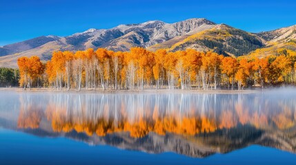 Obraz premium Autumn Aspens Reflecting In Calm Mountain Lake