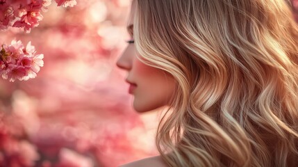 Fototapeta premium A serene scene of a woman with wavy blonde hair holding cherry blossoms, symbolizing spring and natural beauty. Ideal for seasonal or lifestyle imagery.
