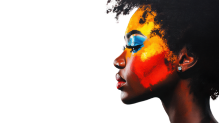 Profile view of a woman with colorful face paint, highlighting artistic expression and individuality against a black background.