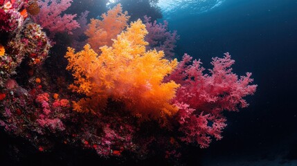 Vibrant coral reef displays orange and pink hues underwater
