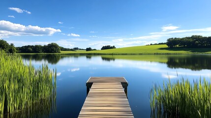 Obraz premium A wooden dock extending into a serene farm pond, surrounded by cattails and reflective water