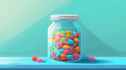 Colorful Jar with Chewing Gums on Light Blue Wooden Table in Cartoon Style