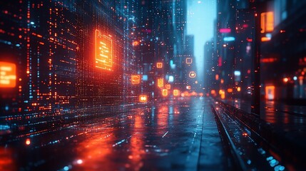 Cyberpunk Cityscape: Neon Lights and Digital Rain in a Futuristic Metropolis