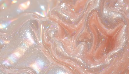 Obraz premium Silky Smooth Skincare and Cosmetic Textures: A High-Quality Close-up of Cream, Lotion, Gel, Serum, Balm, and More, Showcasing Iridescent and Glittery Pink and Peach Hues