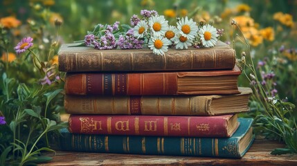 A close-up of vintage books stacked with wildflowers on top, evoking nostalgia and a love for literature. Perfect for literary-themed content or rustic decor.