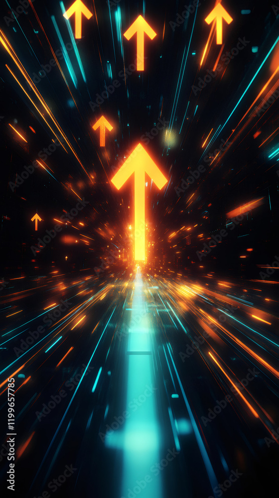 Aufkleber Orange arrows are going up on a futuristic highway with motion blur and light trails, a symbol of success and progress